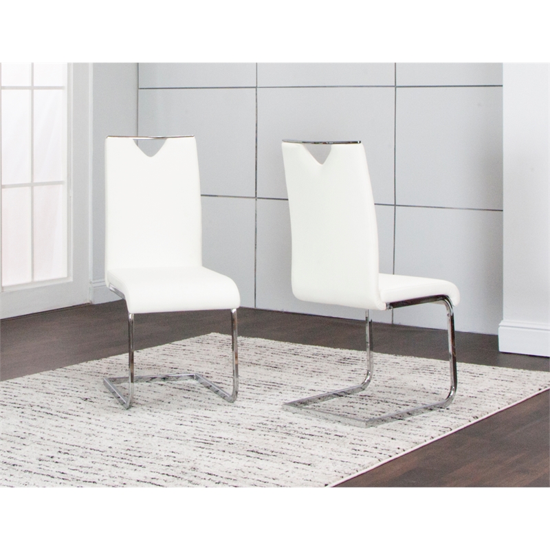 Doral White Faux Leather Dining Chairs w Chrome Cantilever Base Set of 2