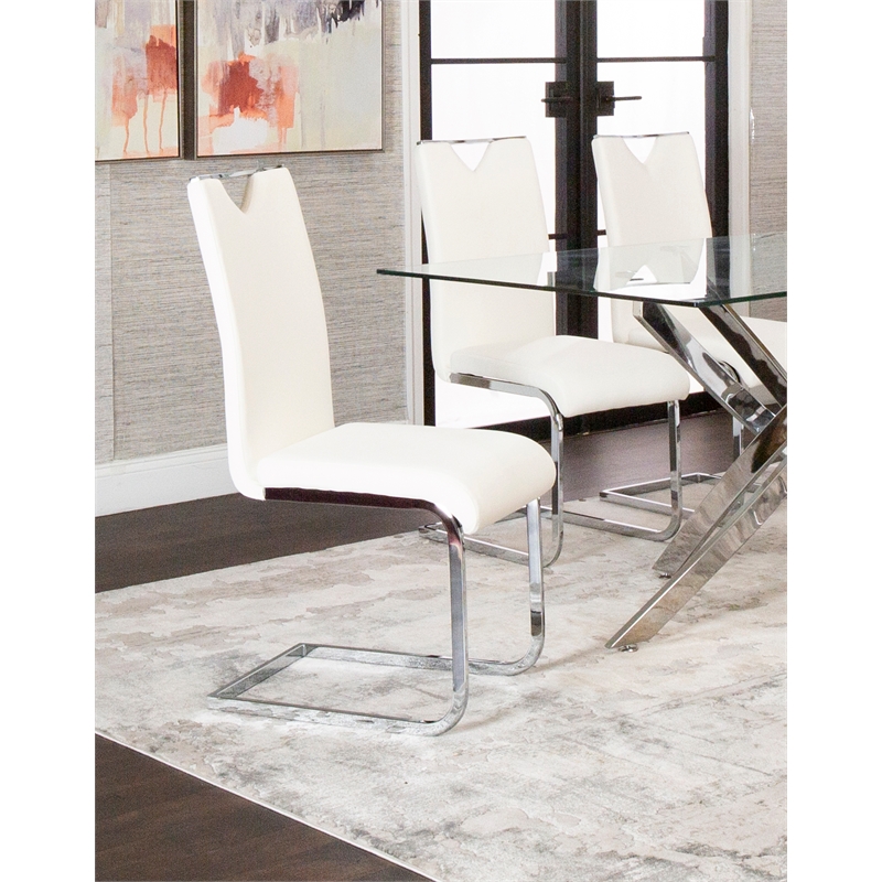 Doral White Faux Leather Dining Chairs w Chrome Cantilever Base Set of 2