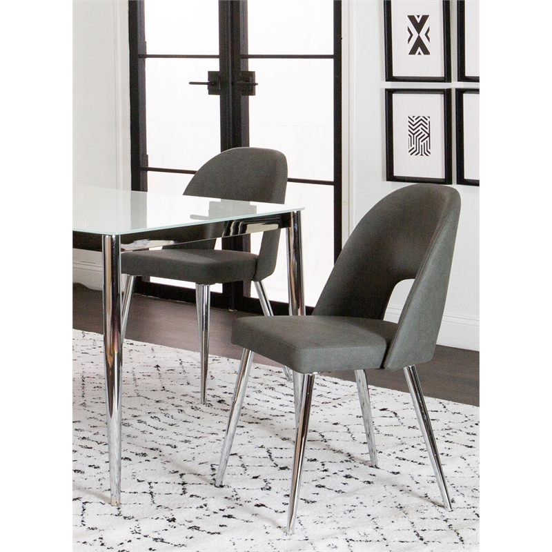 Mia Dark Gray Faux Leather Dining Chairs w Chrome Metal Tapered Legs Set of 2