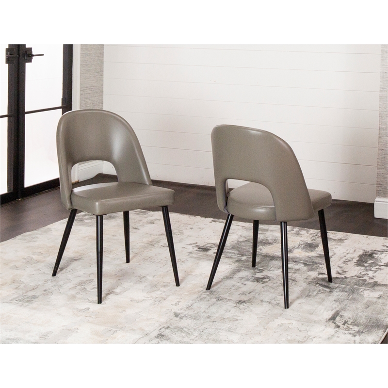 Portia Mushroom Gray Faux Leather Dining Chairs w Black Metal Legs Set of 2