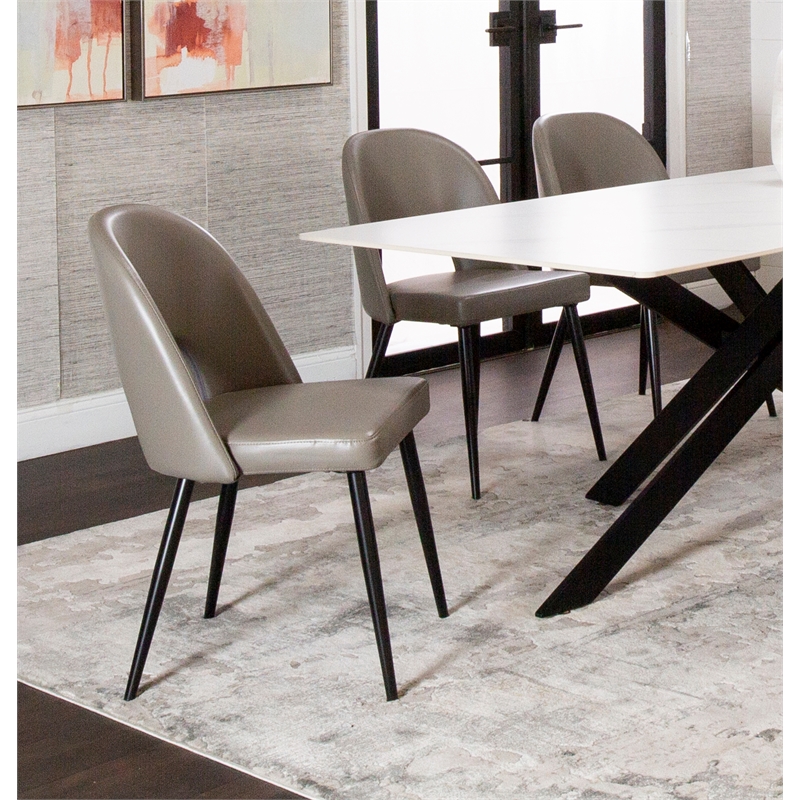 Portia Mushroom Gray Faux Leather Dining Chairs w Black Metal Legs Set of 2