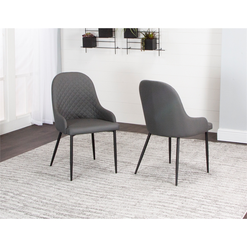 Tia Charcoal Gray Faux Leather Dining Chairs w Black Metal Legs Set of 2
