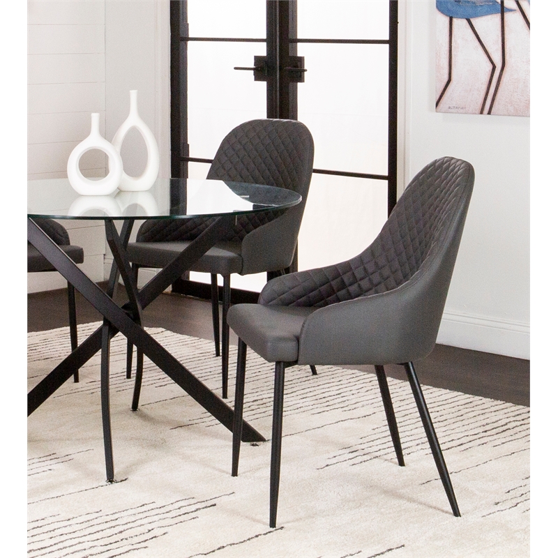 Tia Charcoal Gray Faux Leather Dining Chairs w Black Metal Legs Set of 2