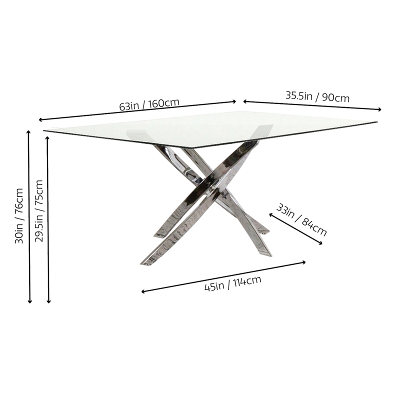 Venu Rectangle 63x35 Clear Glass Top Dining Table w Chrome Metal Geometric Legs
