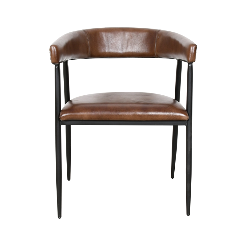 Bristol Chestnut Brown Buffalo Leather Dining Arm Chair w Black Iron Legs