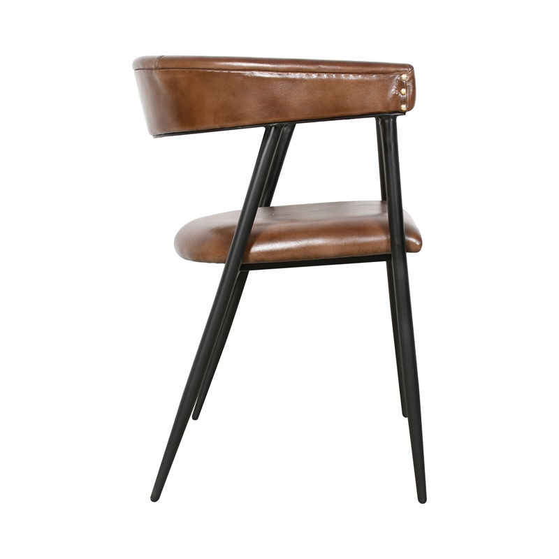 Bristol Chestnut Brown Buffalo Leather Dining Arm Chair w Black Iron Legs