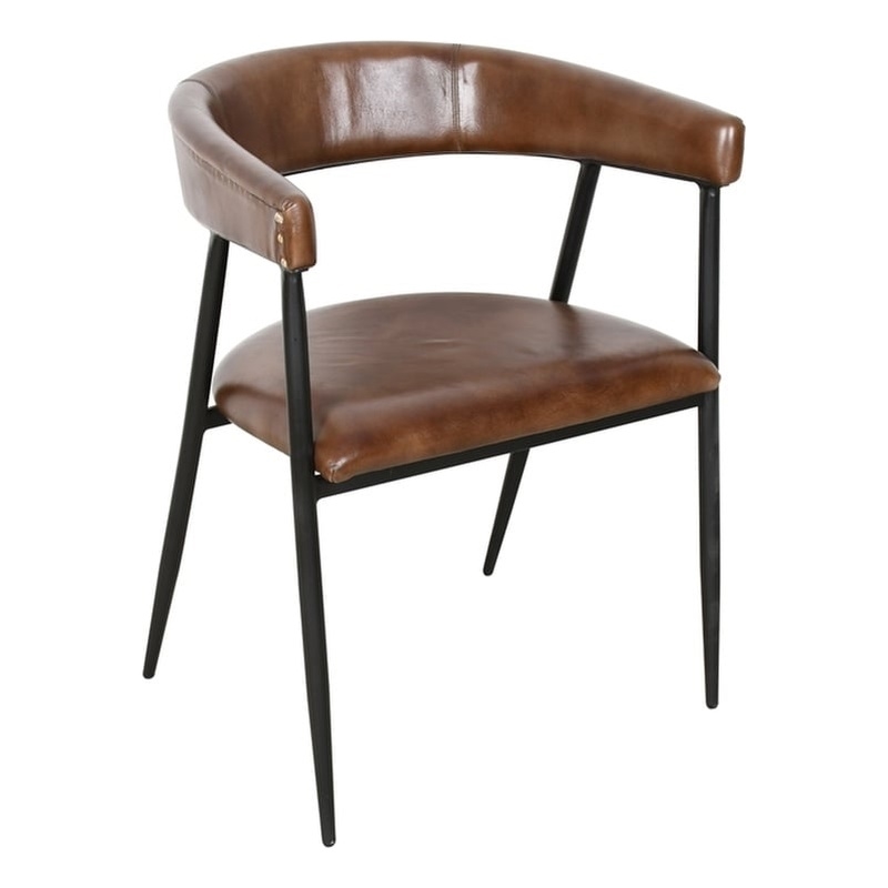 Bristol Chestnut Brown Buffalo Leather Dining Arm Chair w Black Iron Legs