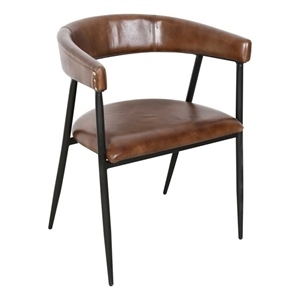Bristol Chestnut Brown Buffalo Leather Dining Arm Chair w Black Iron Legs
