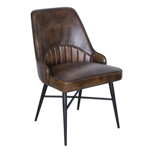 Hudson Whiskey Brown Top-Grain Buffalo Leather Dining Chair /Black Iron Leg