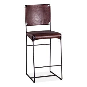 Bowden Counter Height Brown Top-Grain Buffalo Leather Stool Iron Sled Legs