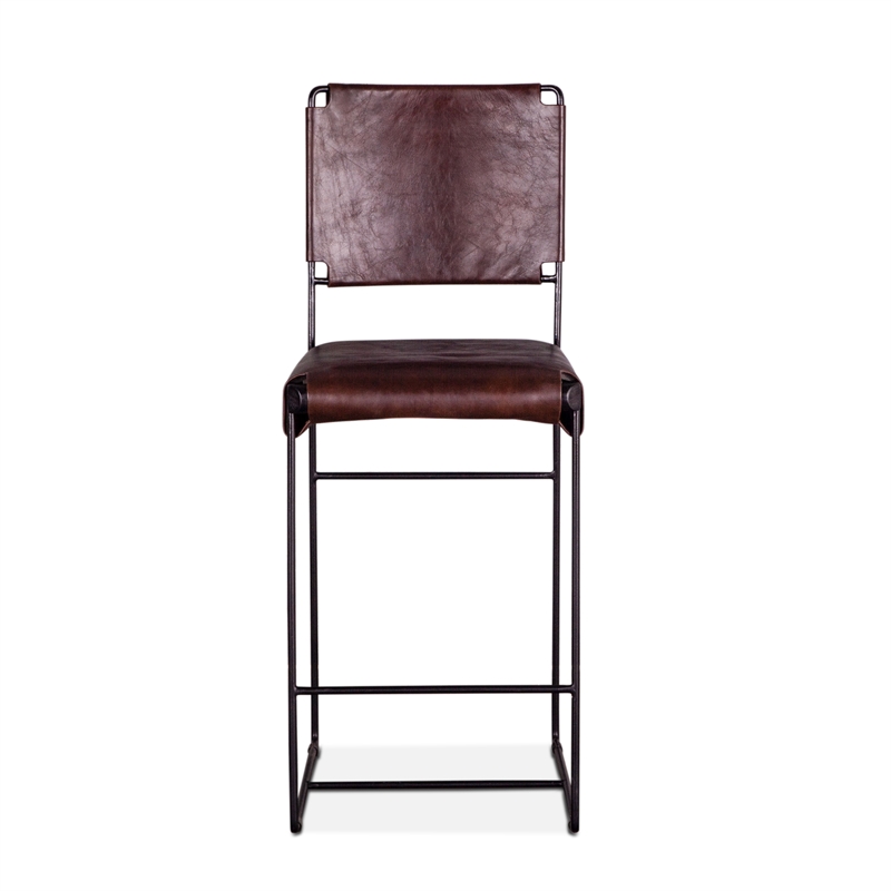 Bowden Counter Height Brown Top-Grain Buffalo Leather Stool Iron Sled Legs