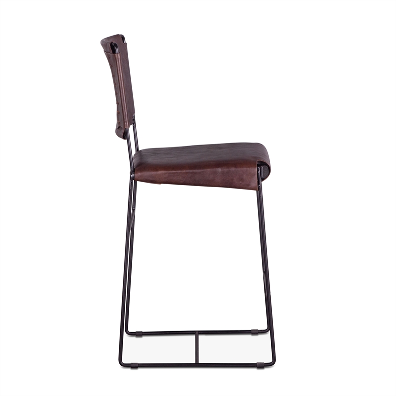 Bowden Counter Height Brown Top-Grain Buffalo Leather Stool Iron Sled Legs
