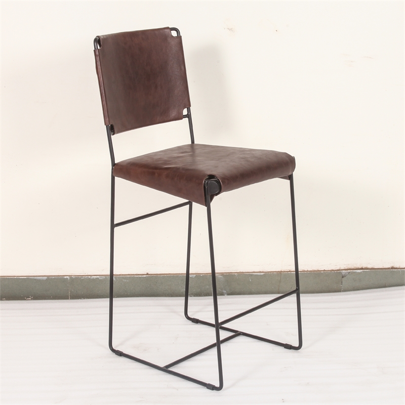 Bowden Counter Height Brown Top-Grain Buffalo Leather Stool Iron Sled Legs
