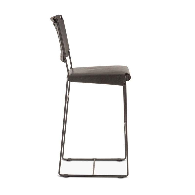 Bowden Counter Height Black Top Grain Buffalo Leather Stool w Iron Sled Legs