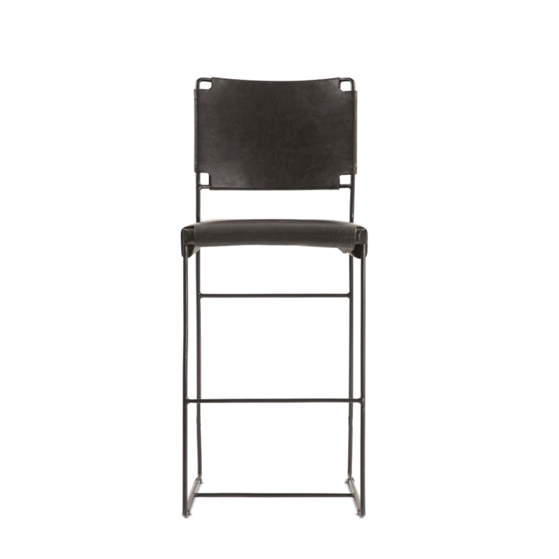 Bowden Counter Height Black Top Grain Buffalo Leather Stool w Iron Sled Legs