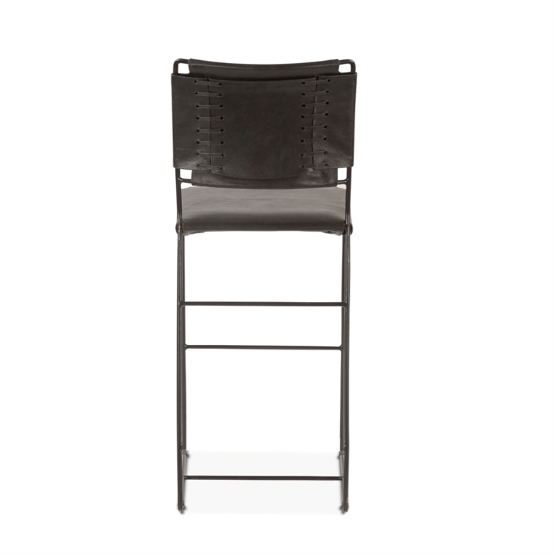 Bowden Counter Height Black Top Grain Buffalo Leather Stool w Iron Sled Legs