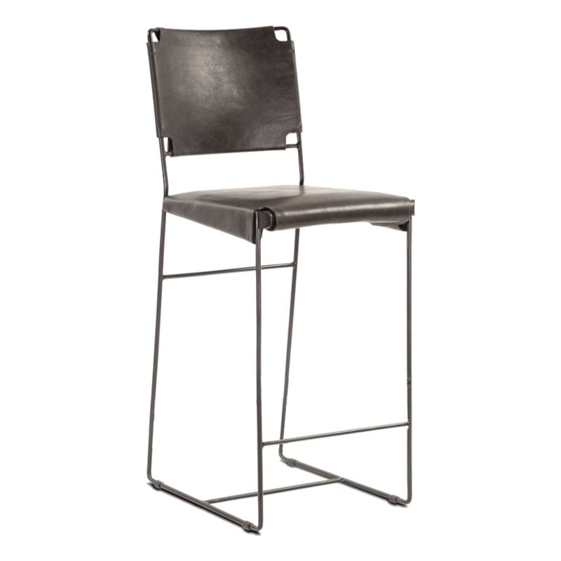 Bowden Counter Height Black Top Grain Buffalo Leather Stool w Iron Sled Legs