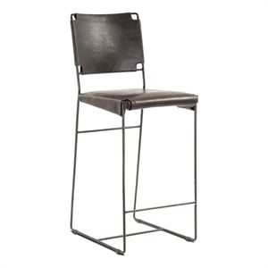 Bowden Counter Height Black Top Grain Buffalo Leather Stool w Iron Sled Legs