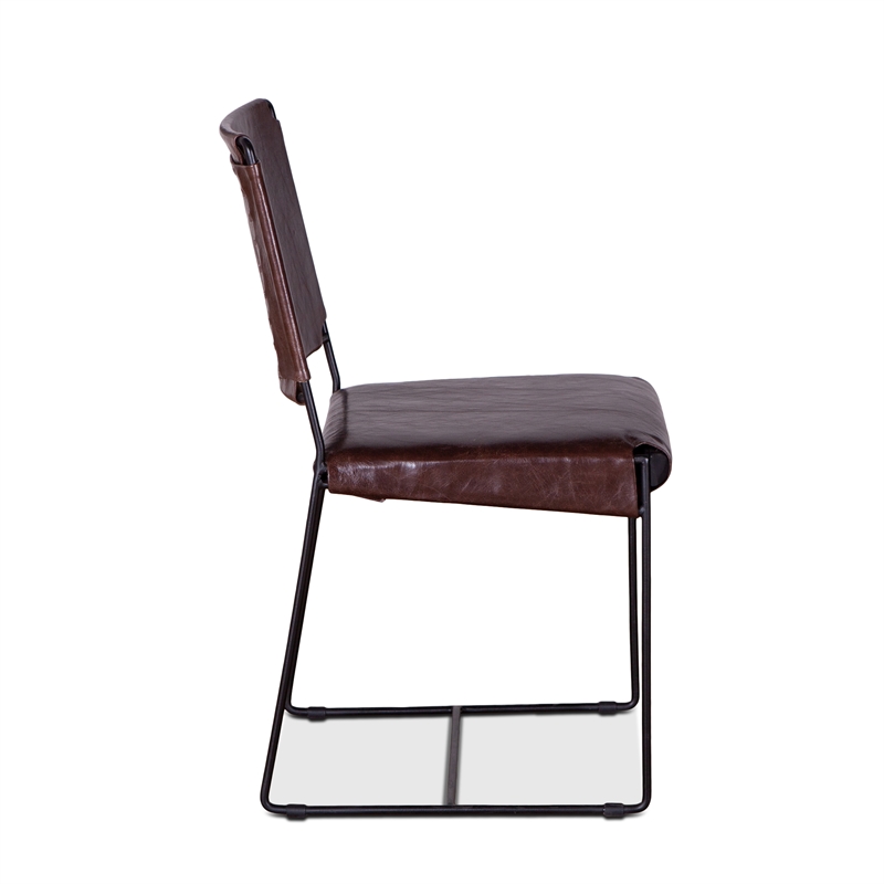 Bowden Two Brown Top-Grain Buffalo Leather Dining Chairs w Black Iron Legs
