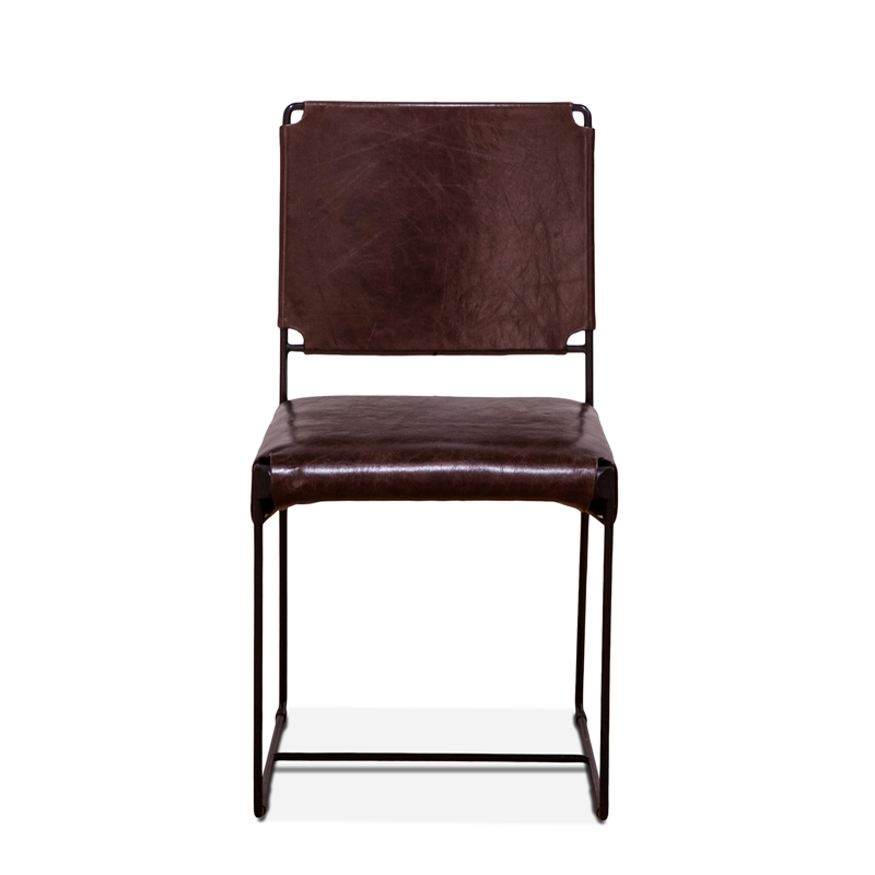 Bowden Two Brown Top-Grain Buffalo Leather Dining Chairs w Black Iron Legs