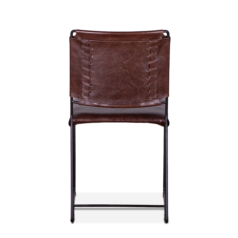 Bowden Two Brown Top-Grain Buffalo Leather Dining Chairs w Black Iron Legs