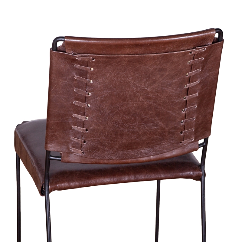 Bowden Two Brown Top-Grain Buffalo Leather Dining Chairs w Black Iron Legs