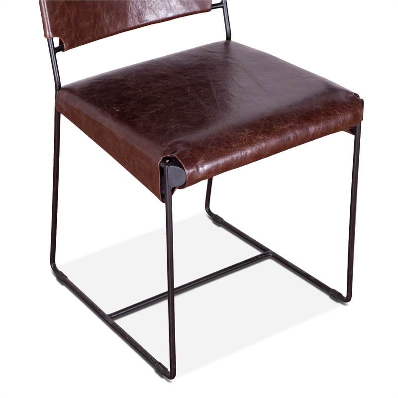 Bowden Two Brown Top-Grain Buffalo Leather Dining Chairs w Black Iron Legs