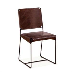 Bowden Two Brown Top-Grain Buffalo Leather Dining Chairs w Black Iron Legs
