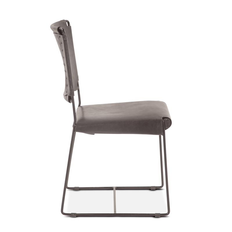 Bowden Two Black Top Grain Buffalo Leather Dining Chairs w Iron Sled Legs