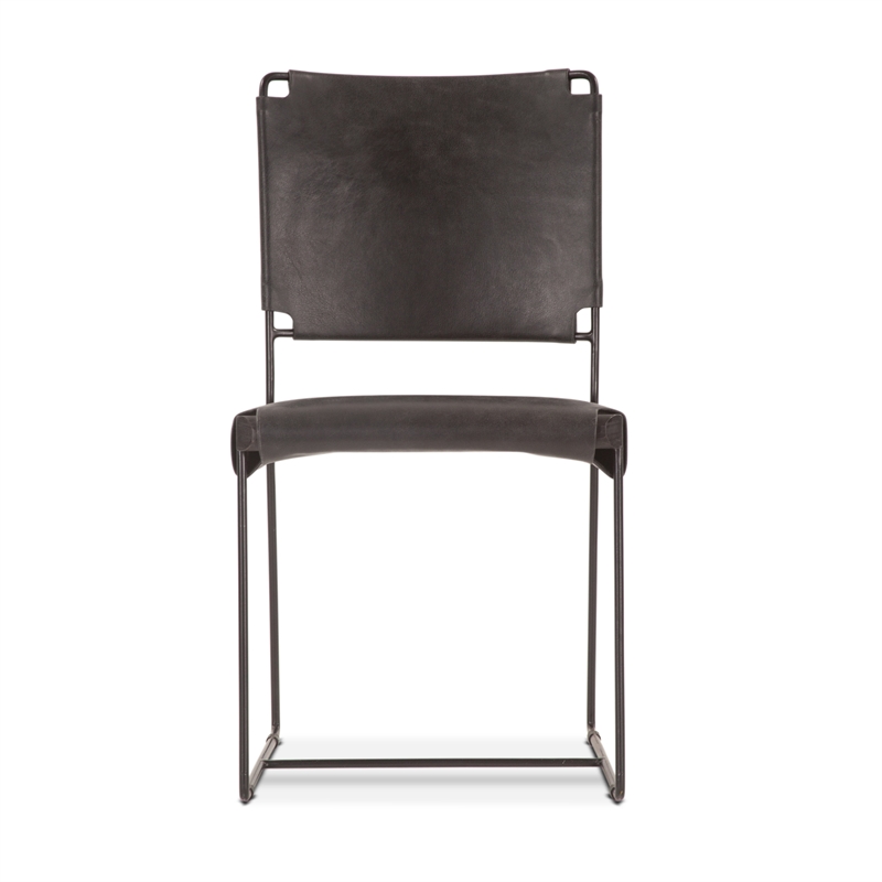 Bowden Two Black Top Grain Buffalo Leather Dining Chairs w Iron Sled Legs