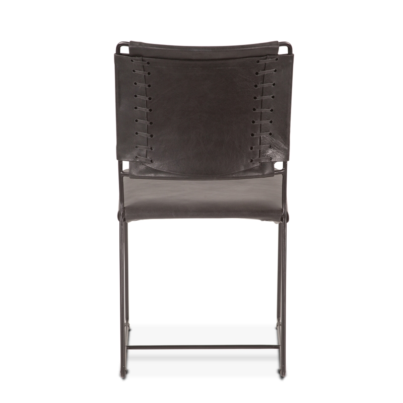 Bowden Two Black Top Grain Buffalo Leather Dining Chairs w Iron Sled Legs