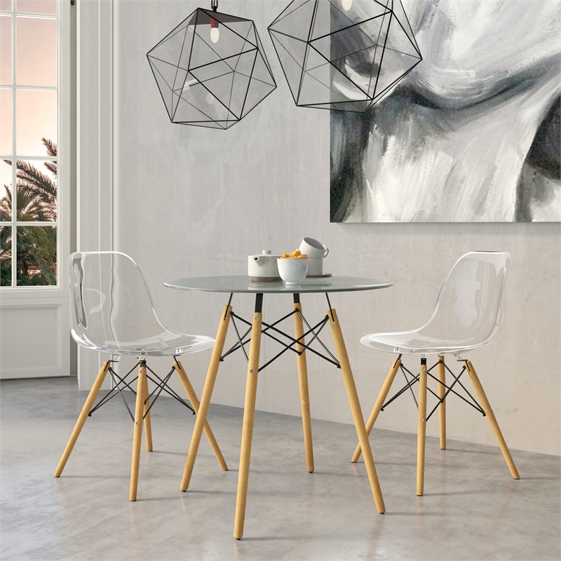 LeisureMod Dover Dining Side Chair With Wood Eiffel Base in Clear Set of 2
