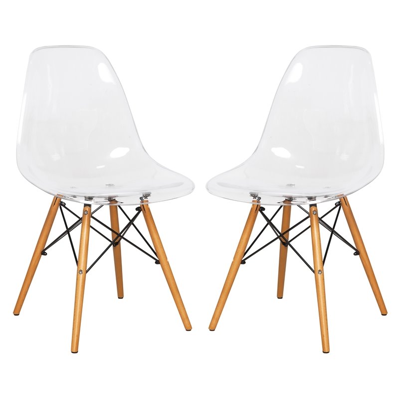 LeisureMod Dover Dining Side Chair With Wood Eiffel Base in Clear Set of 2