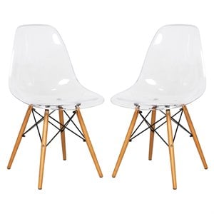 LeisureMod Dover Dining Side Chair With Wood Eiffel Base in Clear Set of 2
