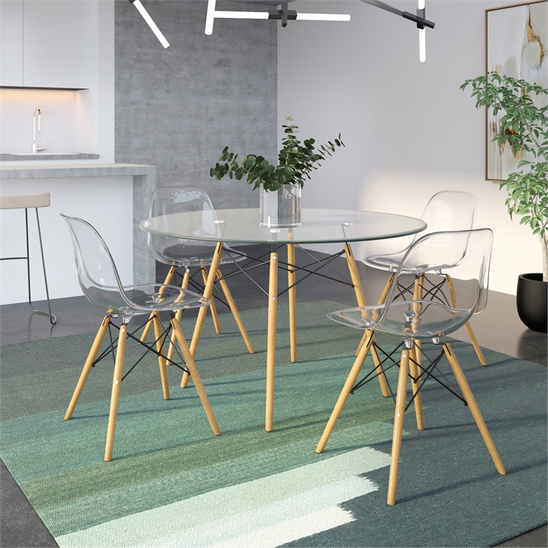 LeisureMod Dover Dining Side Chair With Wood Eiffel Base in Clear Set of 4