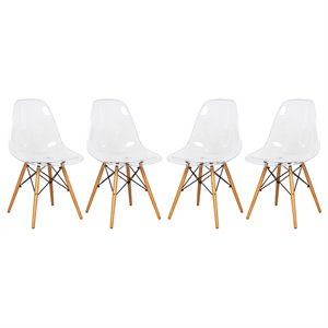 LeisureMod Dover Dining Side Chair With Wood Eiffel Base in Clear Set of 4