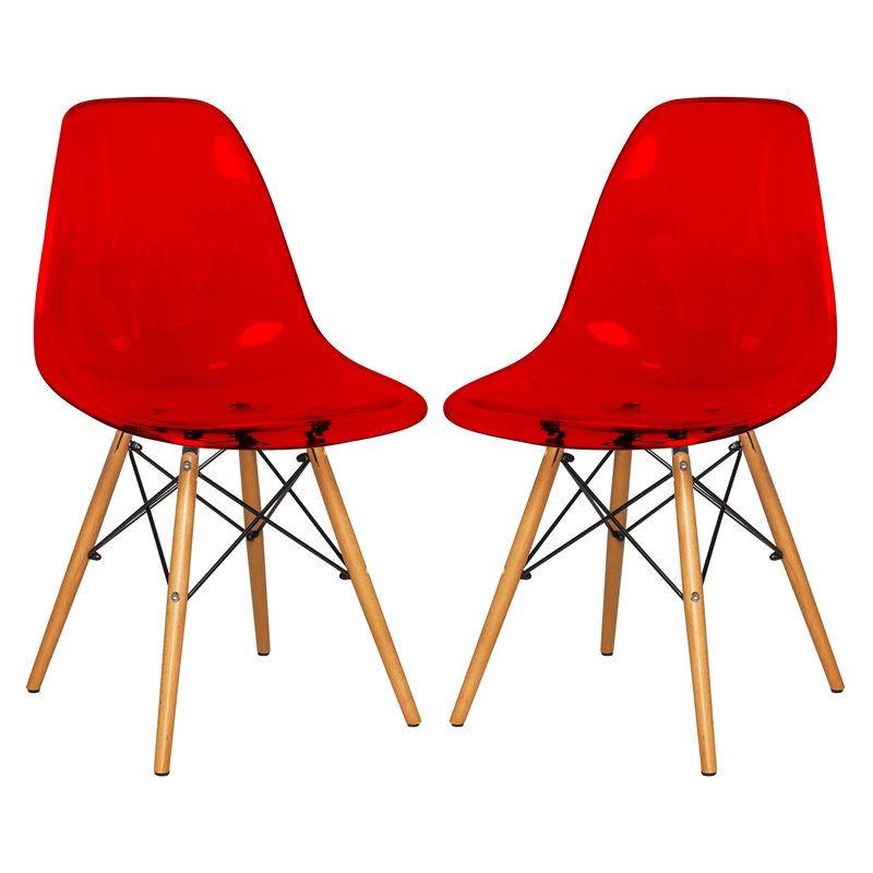 LeisureMod Dover Dining Side Chair With Wood Eiffel Base in Red (Set of 2)