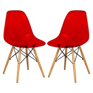 LeisureMod Dover Dining Side Chair With Wood Eiffel Base in Red (Set of 2)