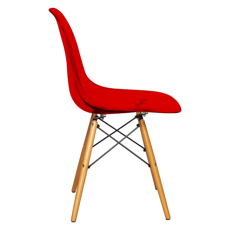 LeisureMod Dover Dining Side Chair With Wood Eiffel Base in Red (Set of 4)