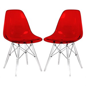 LeisureMod Dover Dining Side Chair With Acrylic Eiffel Base in Red Set of 2