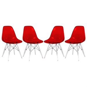 LeisureMod Dover Dining Side Chair With Acrylic Eiffel Base in Red Set of 4