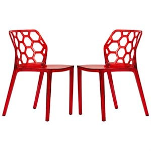 LeisureMod Dynamic Plastic Dining Side Chair Honeycomb Design in Red Set of 2