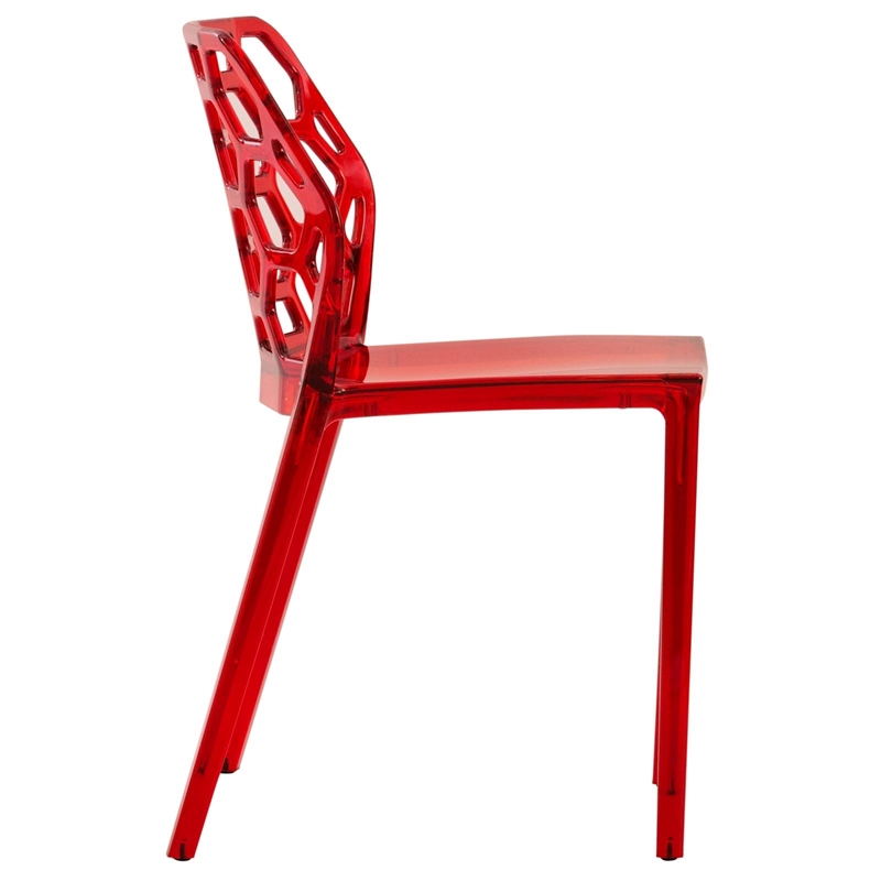 LeisureMod Dynamic Plastic Dining Side Chair Honeycomb Design in Red Set of 4