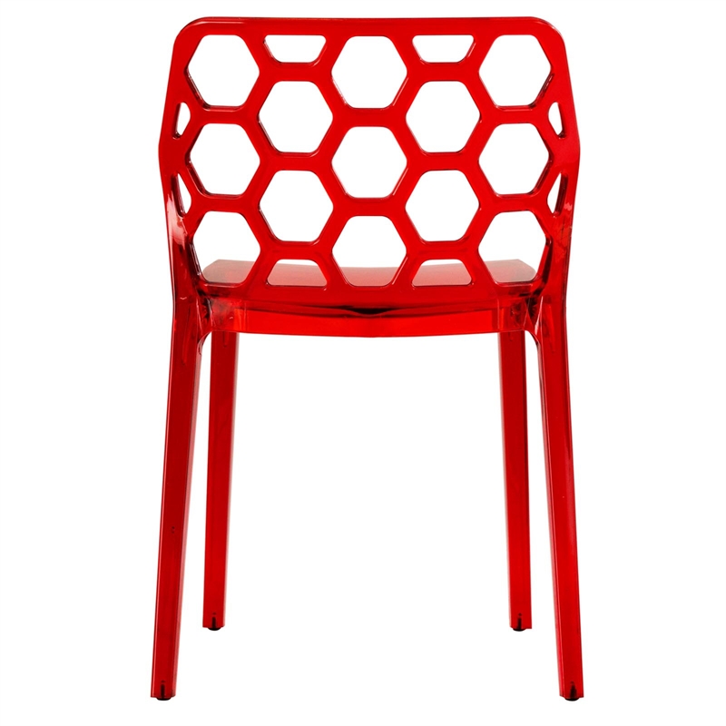 LeisureMod Dynamic Plastic Dining Side Chair Honeycomb Design in Red Set of 4