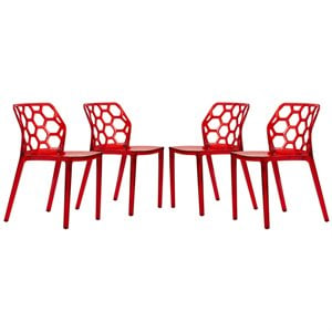 LeisureMod Dynamic Plastic Dining Side Chair Honeycomb Design in Red Set of 4