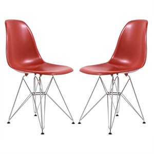 LeisureMod Cresco Modern Eiffel Base Dining Side Chair in Solid Red Set of 2