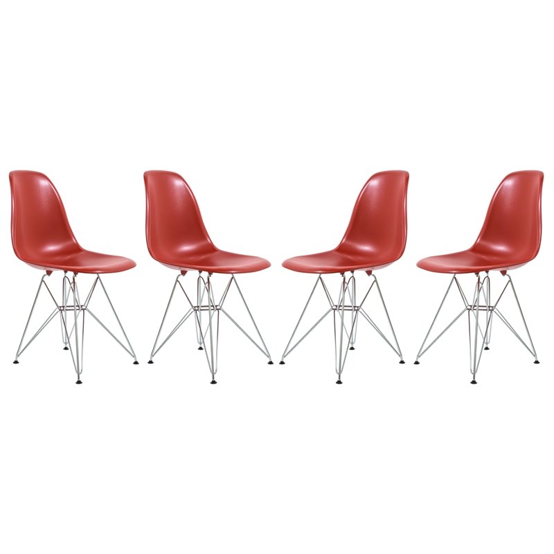 LeisureMod Cresco Modern Eiffel Base Dining Side Chair in Solid Red Set of 4