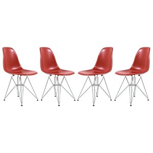 LeisureMod Cresco Modern Eiffel Base Dining Side Chair in Solid Red Set of 4