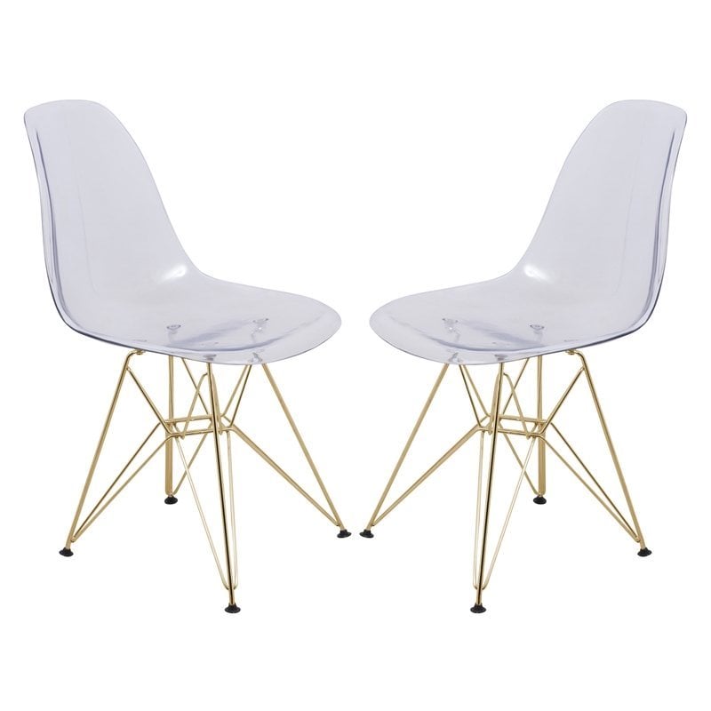 LeisureMod Cresco Modern Gold Eiffel Base Dining Side Chair in Clear Set of 2