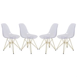 LeisureMod Cresco Plastic Dining Chair with Gold Base Set of 4 Clear